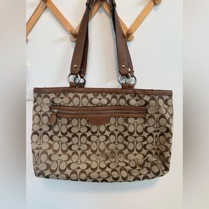 Coach Brown Signature Canvas Tote with Leather Trim